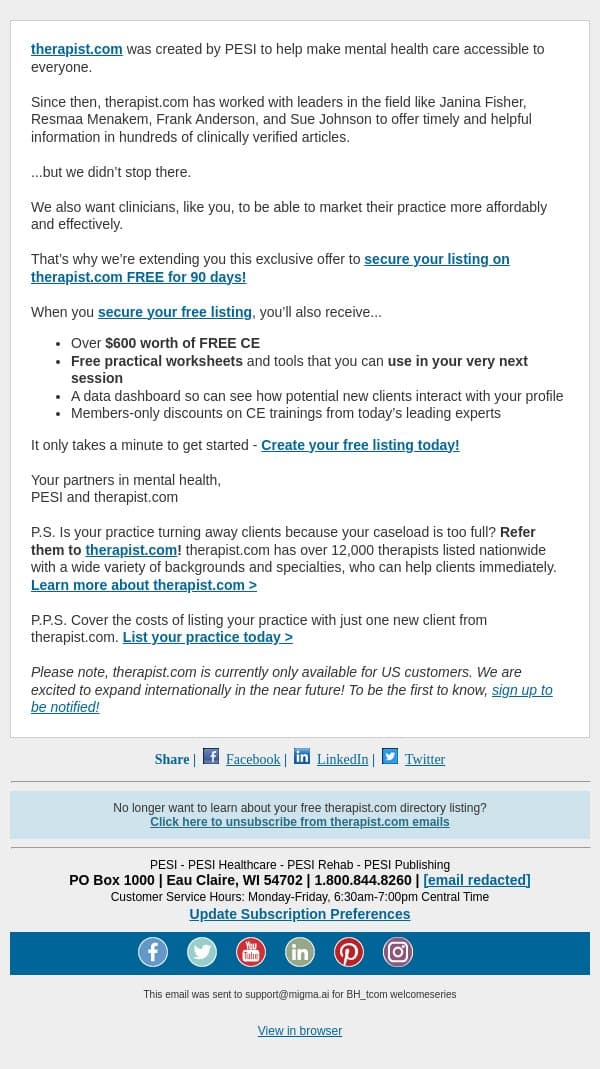 BIG NEWS: Your free listing is here! email from PESI screenshot