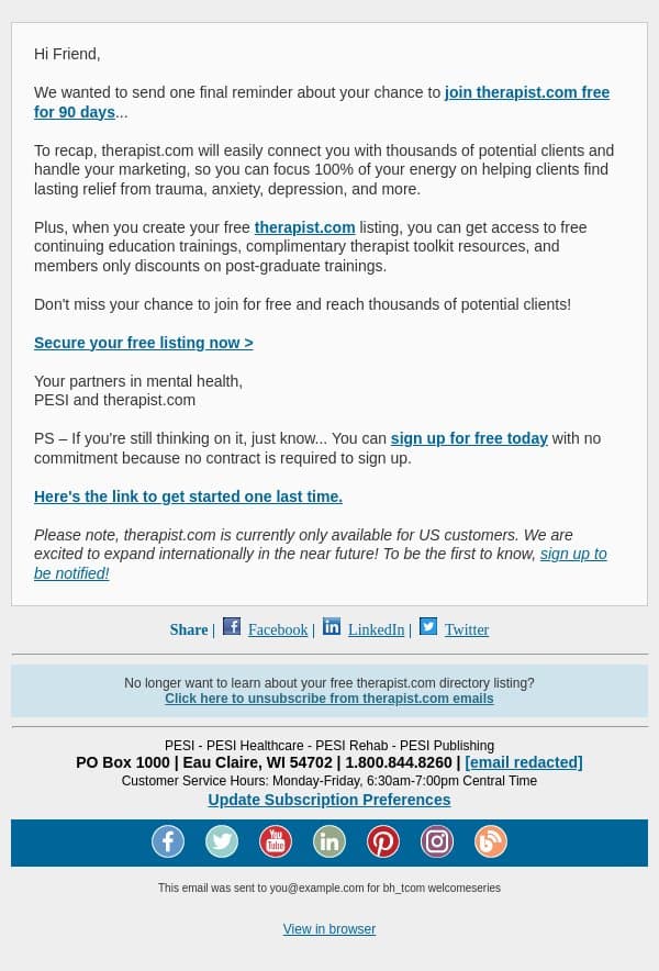 Get in for free today! email from PESI screenshot
