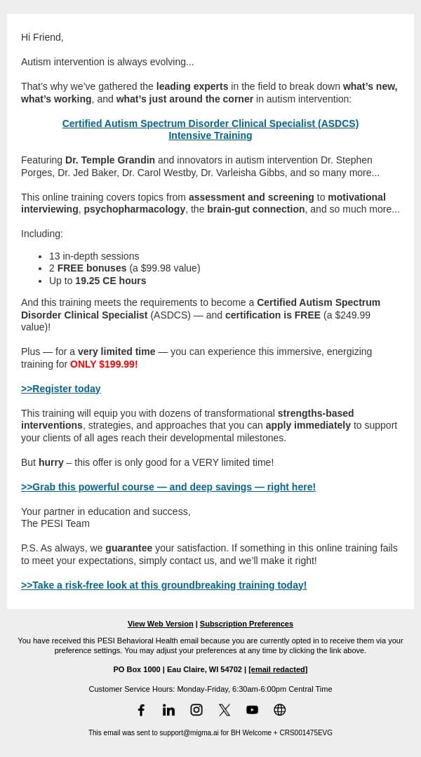 Certified Autism Spectrum Disorder Clinical Specialist Intensive Training email from PESI screenshot