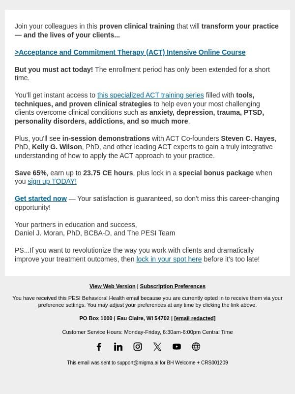 Extended one day only email from PESI screenshot