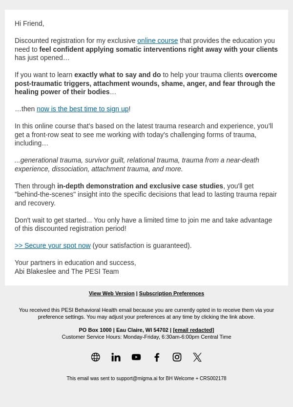 Somatic Trauma Healing Step-by-Step email from PESI screenshot