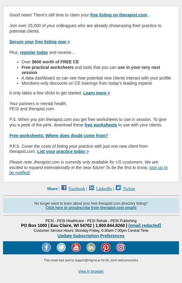 Here’s some good news for you... email from PESI screenshot