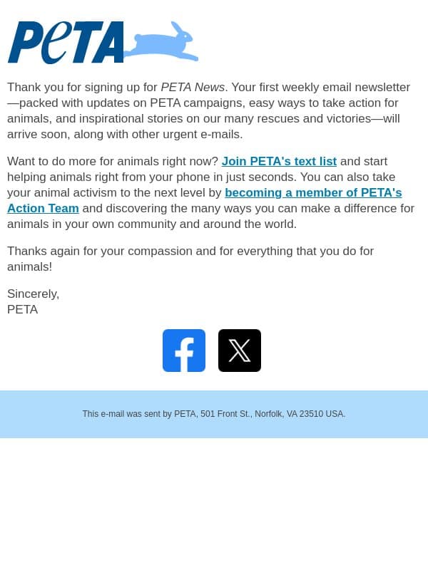 Welcome to PETA News email from PETA screenshot