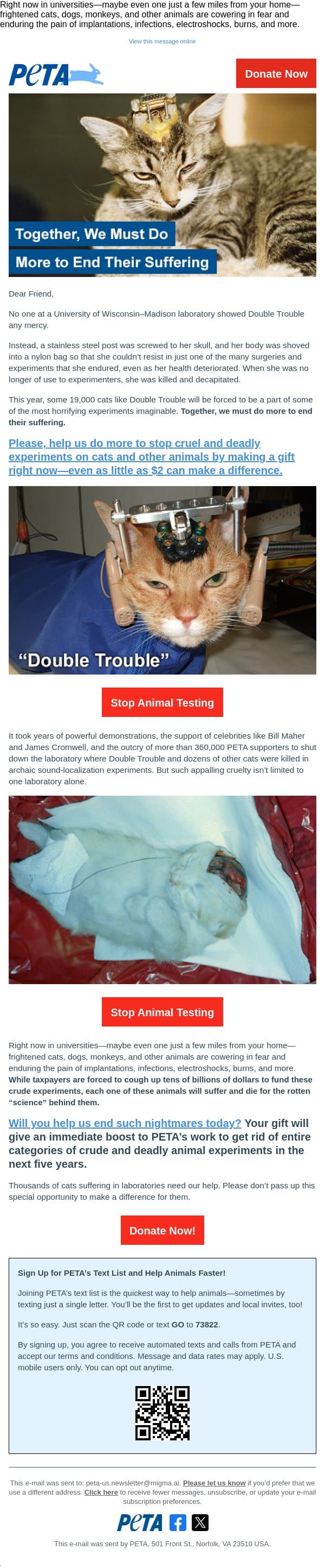 Will you help 18,600 cats? email from PETA screenshot