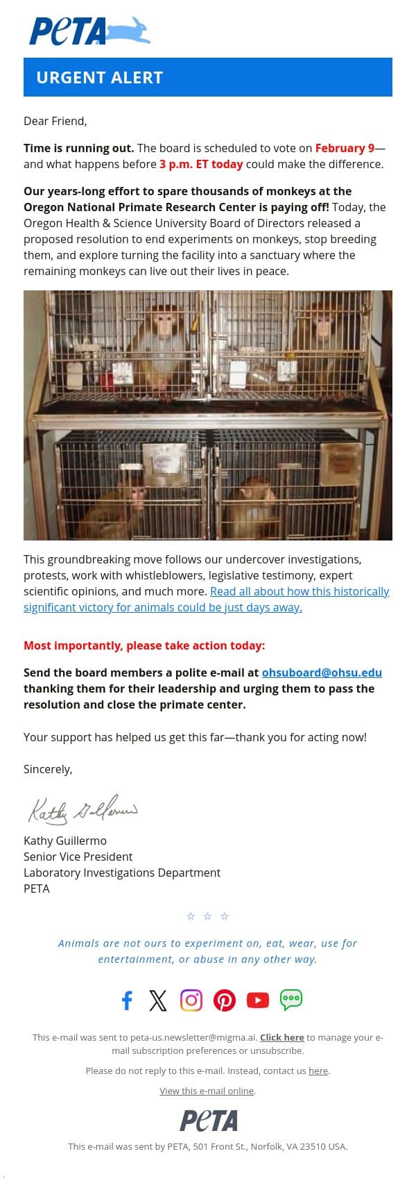 ‼️Final Hours to Save Monkeys in Oregon‼️ email from PETA screenshot