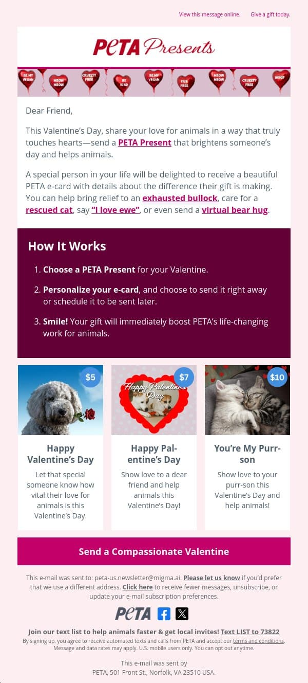 ❤️ ️Send a Valentine’s Day ️gift that helps animals email from PETA screenshot
