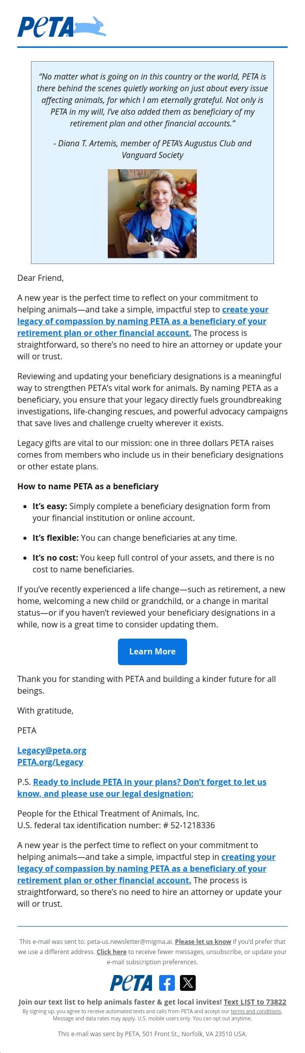 A Simple Step Can Have a Lasting Impact email from PETA screenshot