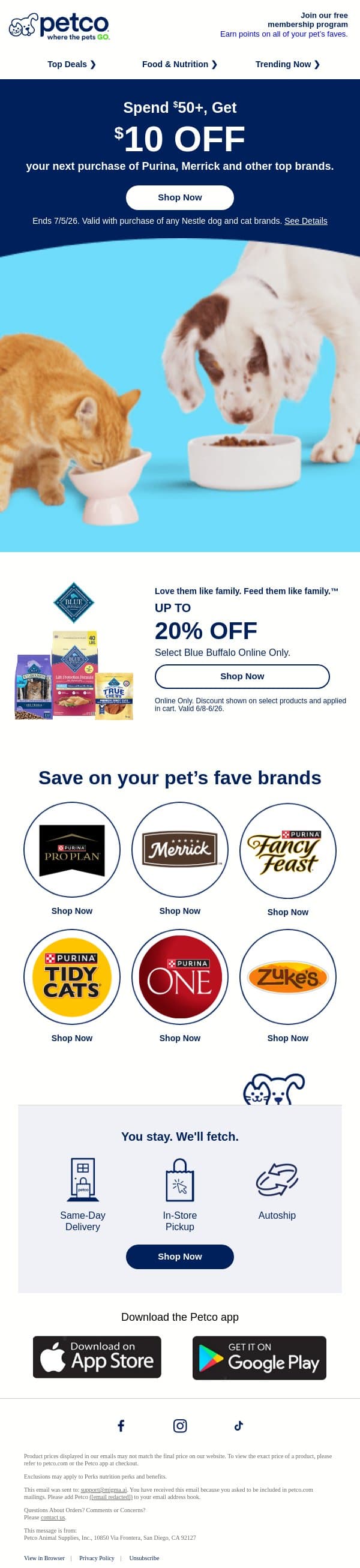 Running low? Save $10 while you restock 🛒 email from Petco screenshot