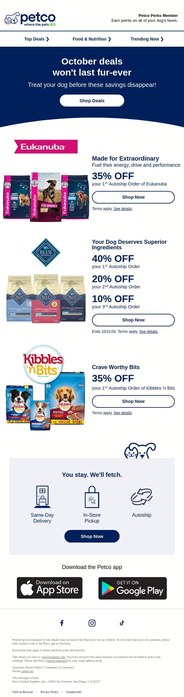 🍂 Fetch these deals before they fall away! email from Petco screenshot