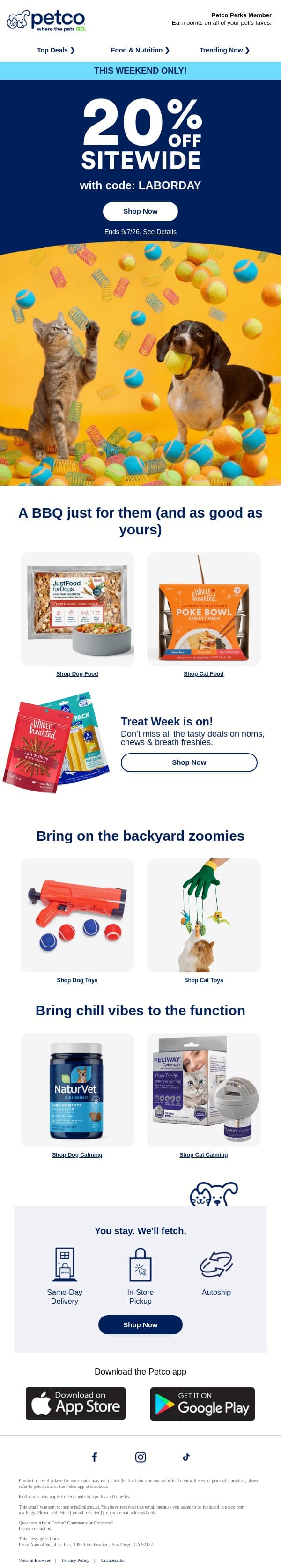 😎 Labor Day wknd: 20% OFF sitewide! email from Petco screenshot