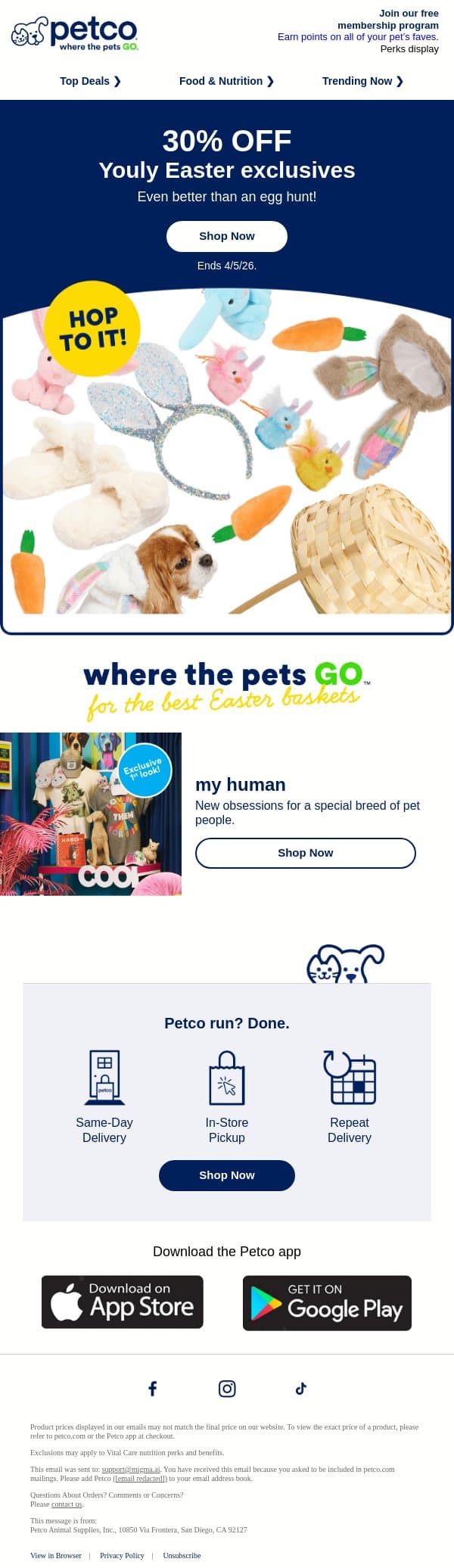 🐰 Hurry! Final day to save 30% on Easter finds email from Petco screenshot