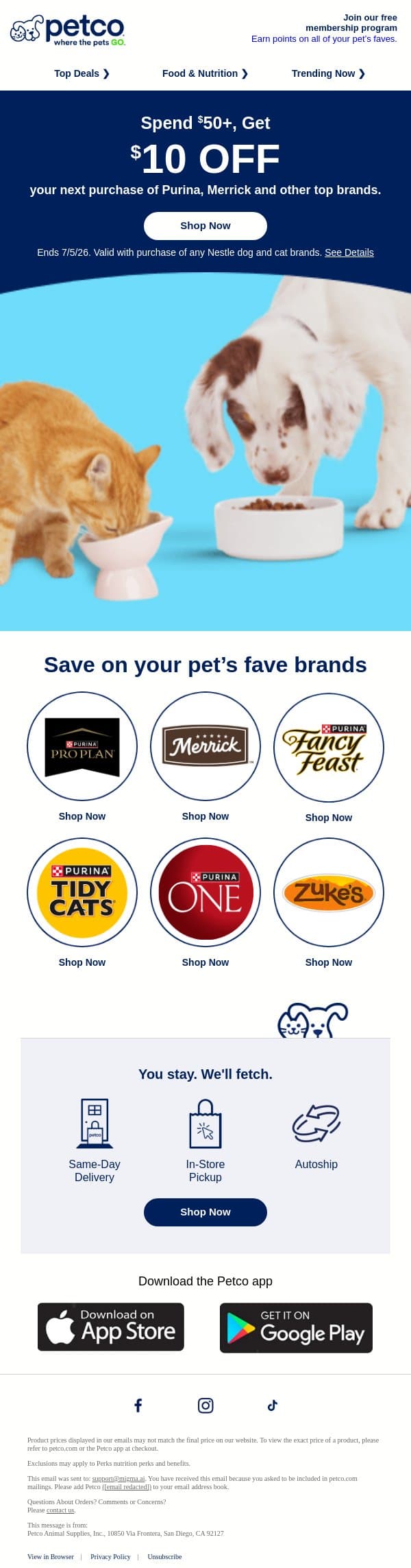 Save $10 on your pets favorite Purina brands 🐕 email from Petco screenshot