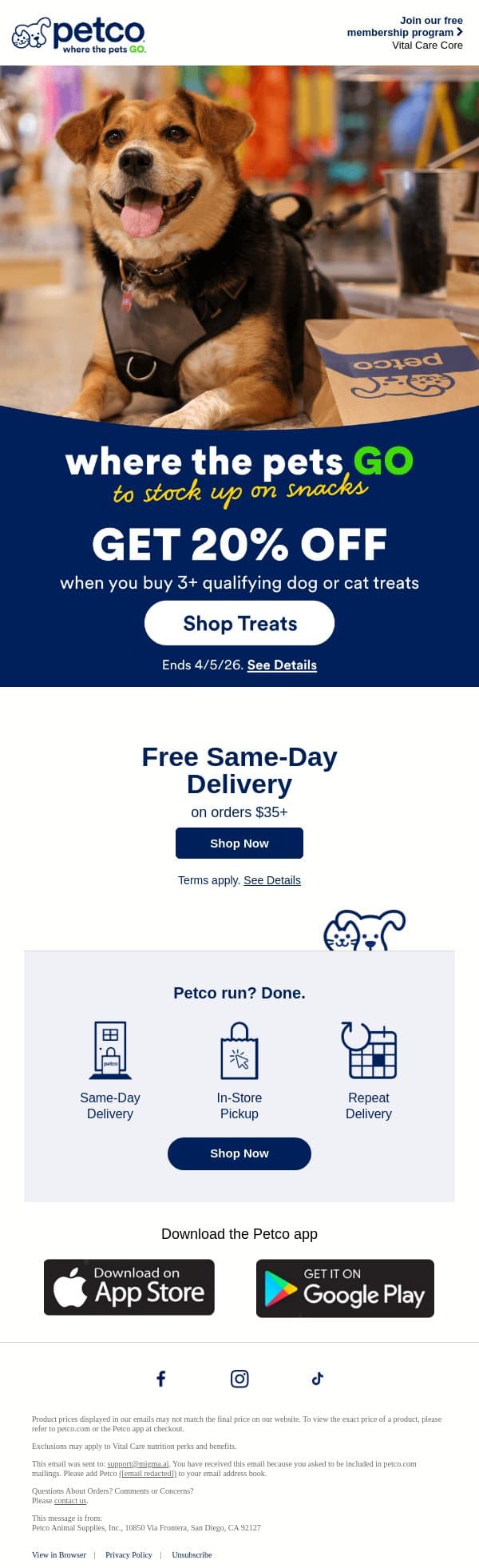 20% OFF your pet’s snacks email from Petco screenshot