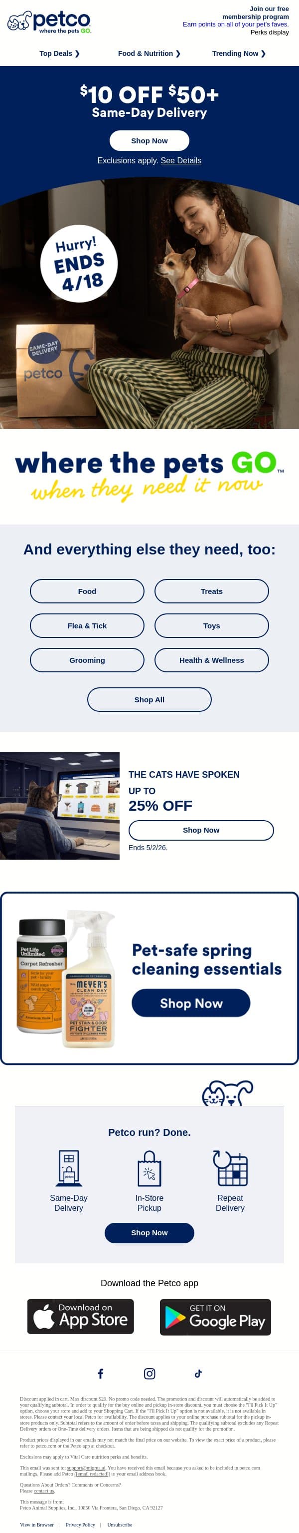 Need it today? Here’s $10 OFF! email from Petco screenshot