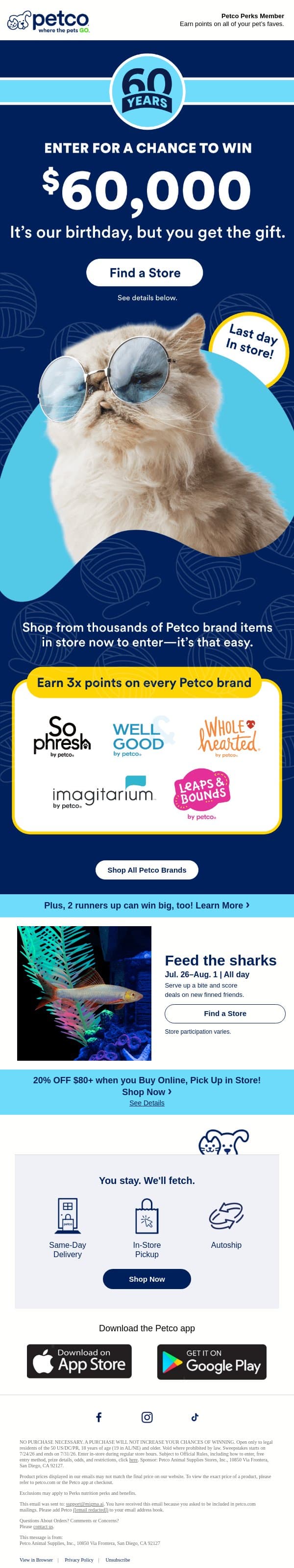 🚨 Your chance to win $60K ENDS TODAY email from Petco screenshot