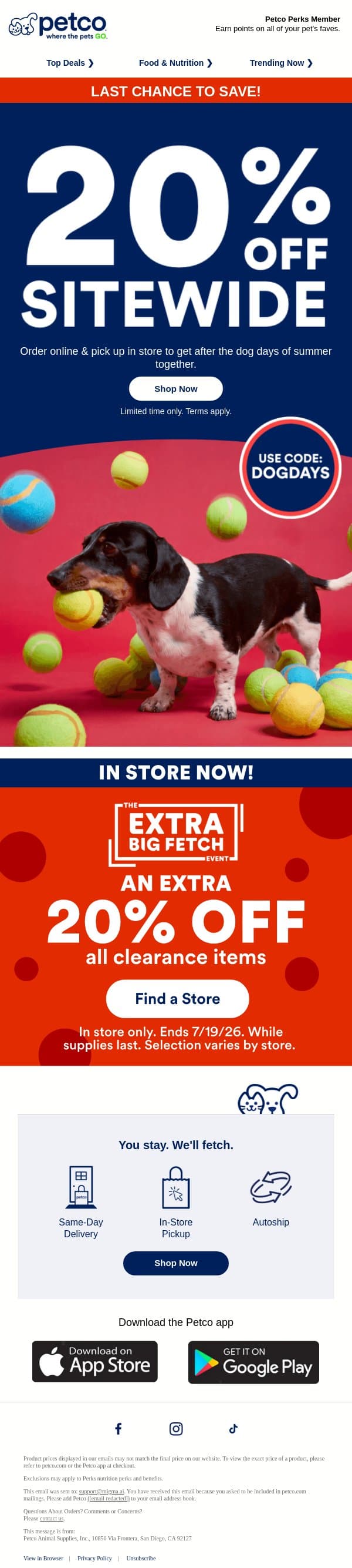 🚨 LAST CHANCE: 20% OFF SITEWIDE email from Petco screenshot