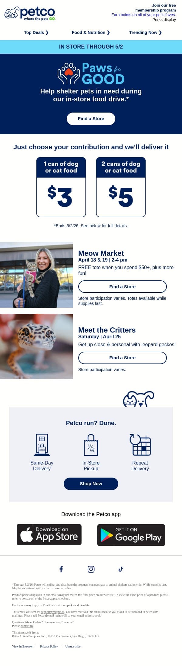Help feed shelter pets by visiting Petco 🐾 ♡ email from Petco screenshot