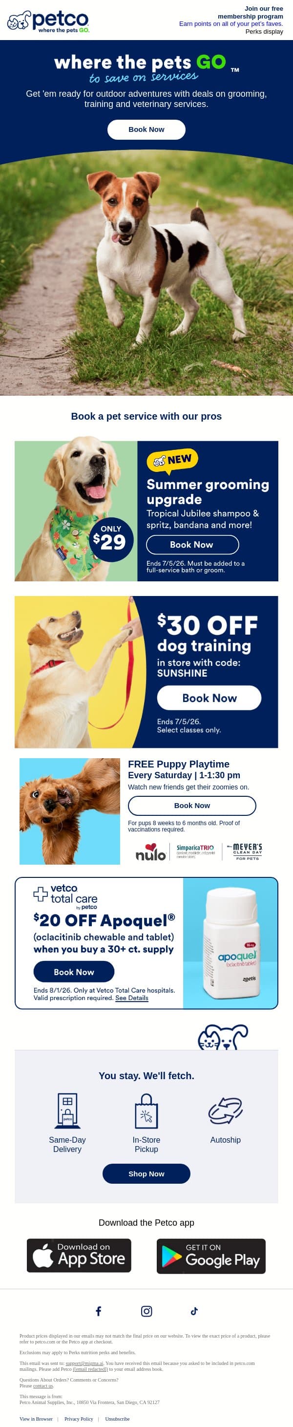 Prep your pet for outdoor adventures with services by Petco! email from Petco screenshot