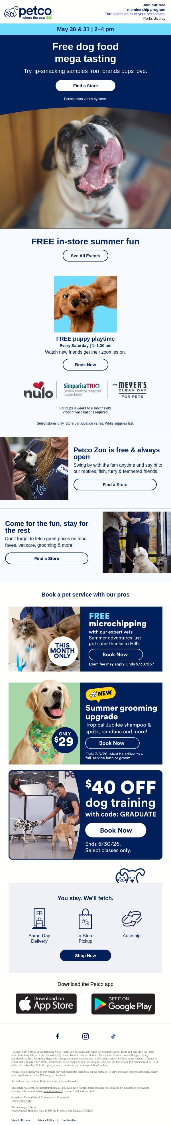 🍽️ FREE TASTING MENU: In store this wknd! email from Petco screenshot