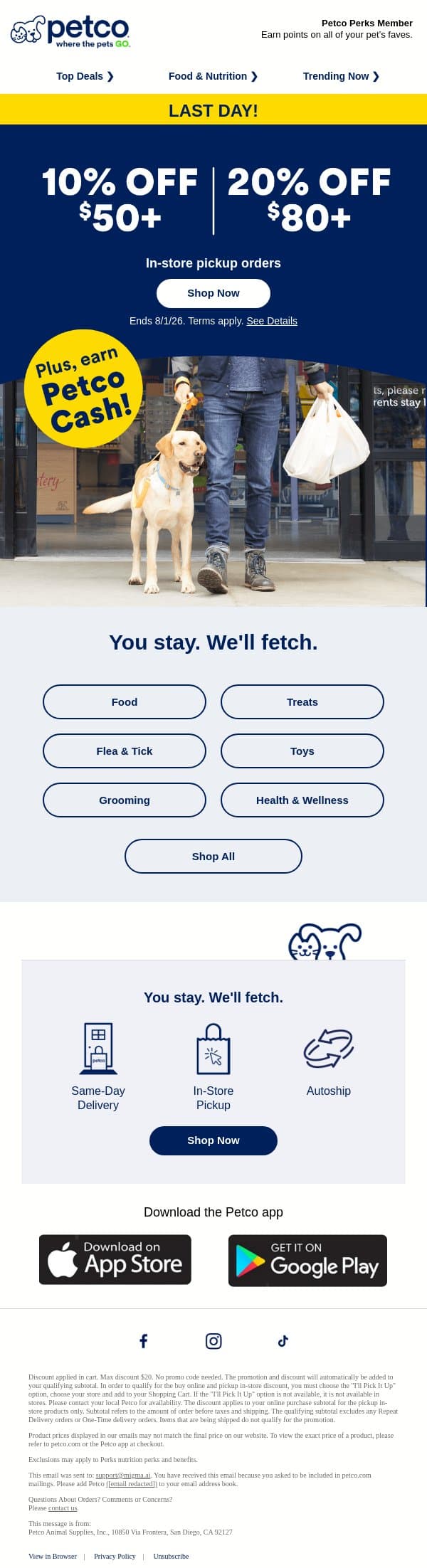 LAST CHANCE: Up to 20% OFF in-store pickup! email from Petco screenshot
