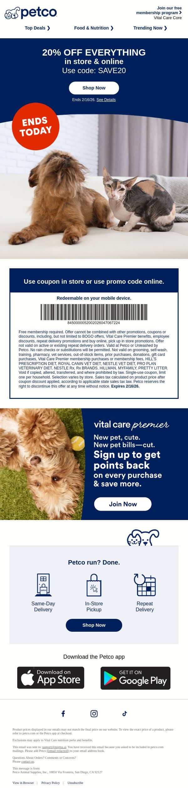 📣 20% OFF everything ends TODAY! email from Petco screenshot