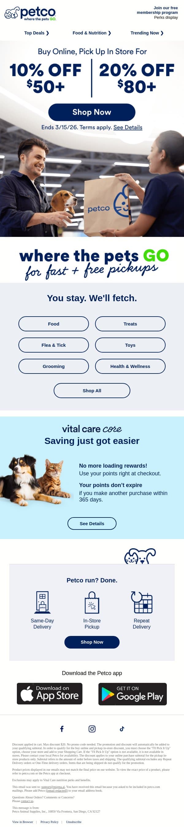 Buy online + pick up in store = up to 20% OFF email from Petco screenshot