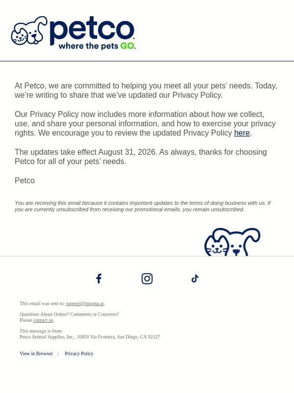 We’re Updating Our Privacy Policy email from Petco screenshot