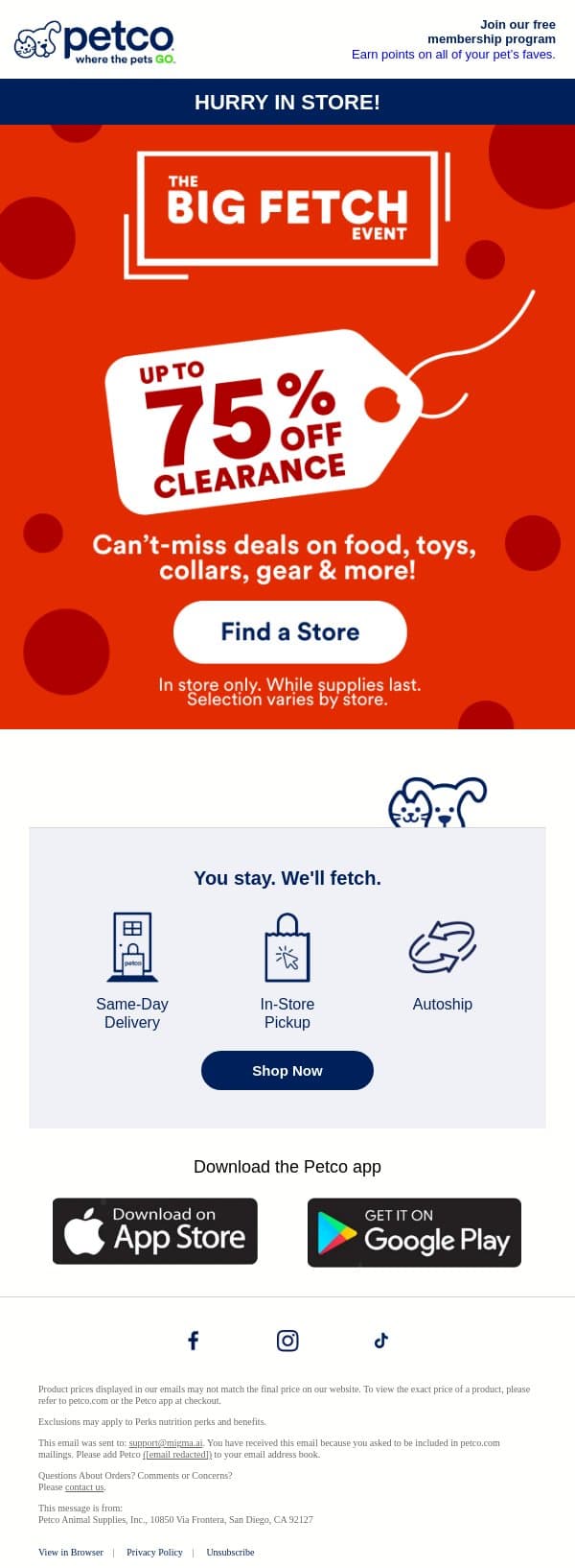 75% OFF CLEARANCE 🎾 Go get it! email from Petco screenshot