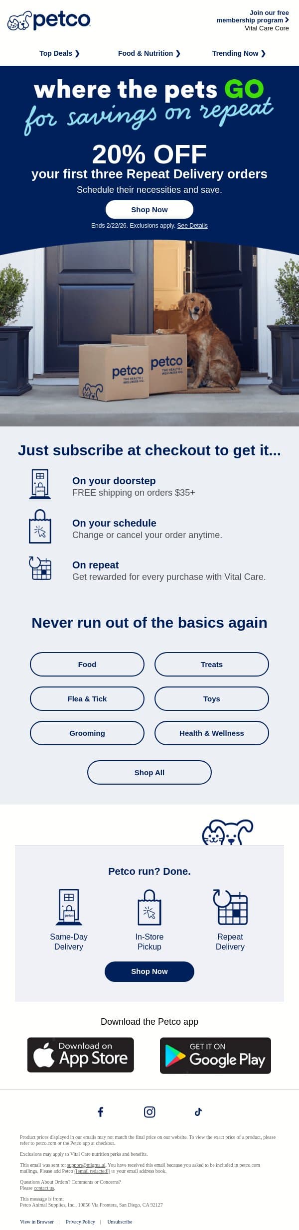 20% OFF 3 times in a row with Repeat Delivery! email from Petco screenshot