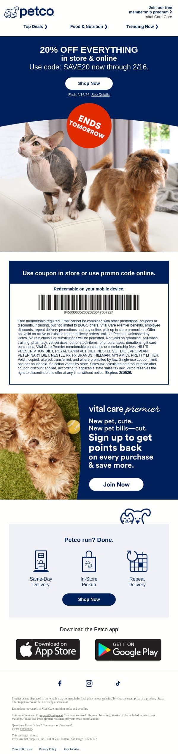 20% OFF EVERYTHING. You heard that right. email from Petco screenshot