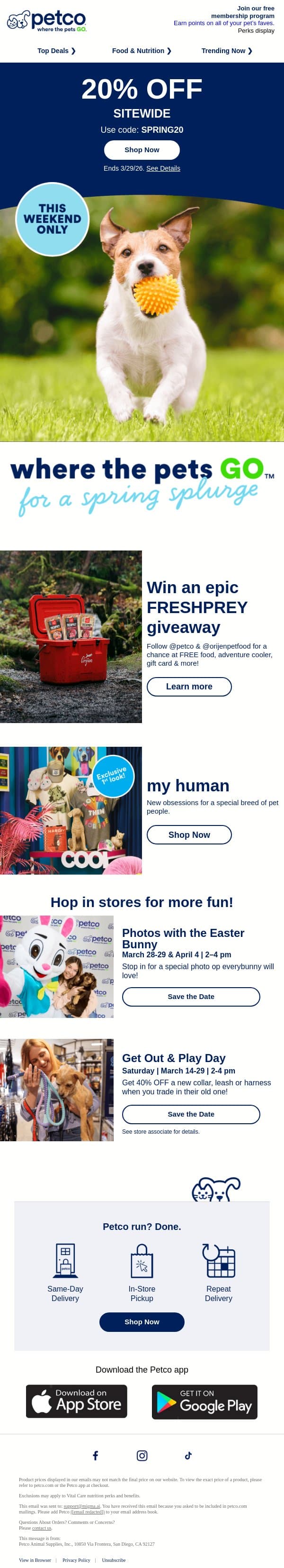 🎉 20% OFF S-I-T-E-W-I-D-E is here email from Petco screenshot