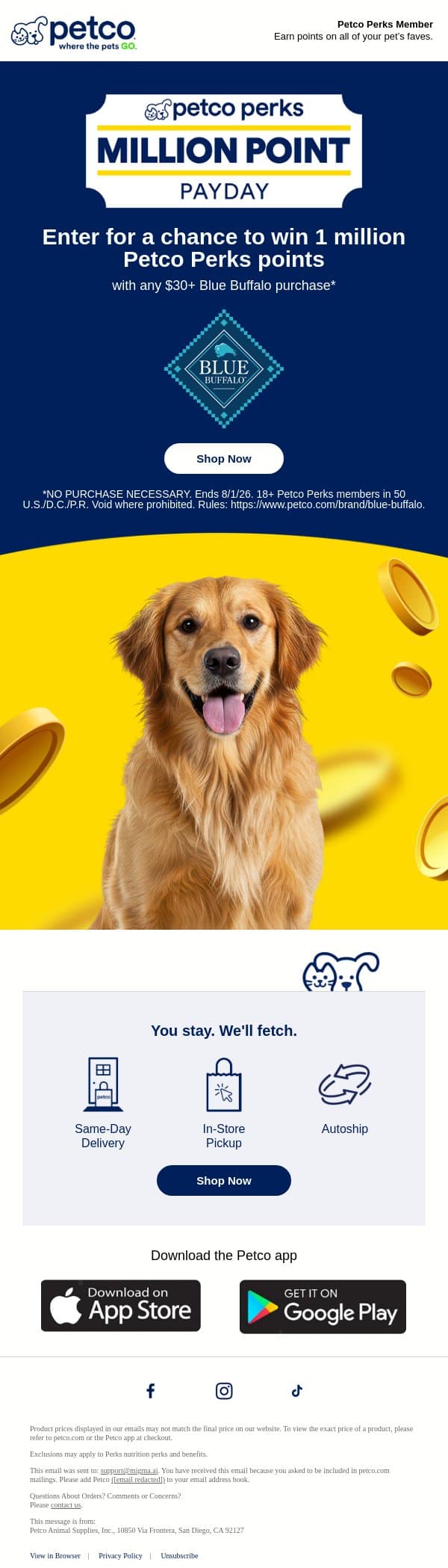 Open to win ONE MILLION Petco Perks points email from Petco screenshot