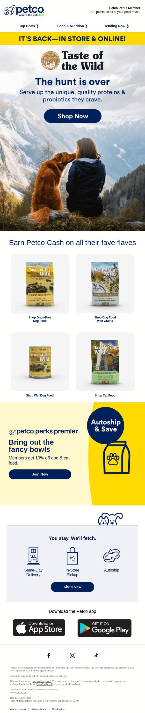 🙌 Taste of the Wild is BAAAAACK! email from Petco screenshot