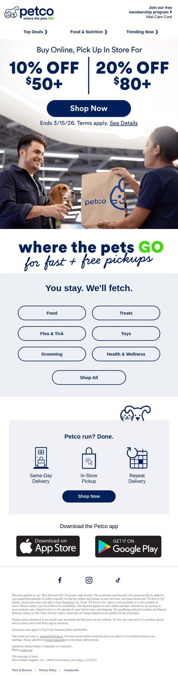 Up to 20% OFF with in-store pickup! email from Petco screenshot