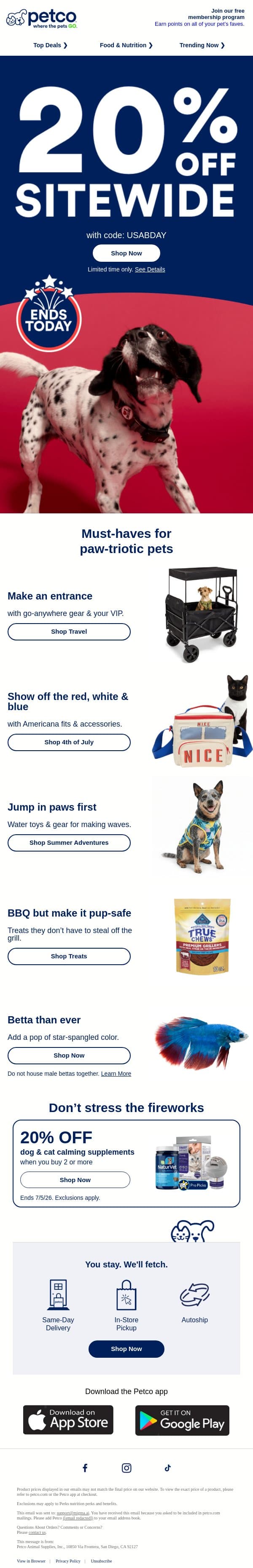 LAST CHANCE! 🎉 20% ENDS TODAY email from Petco screenshot