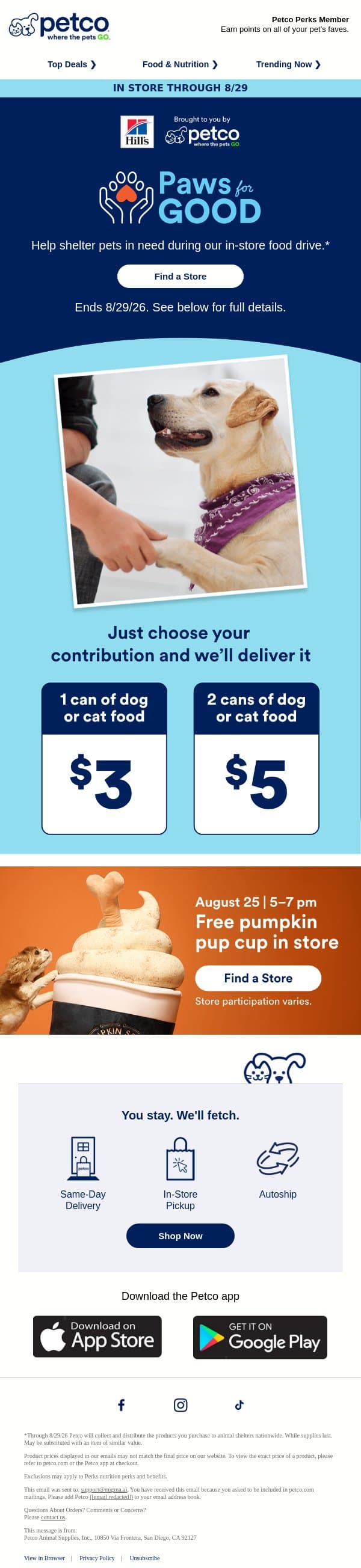 🐾 Our in-store food drive is back! email from Petco screenshot