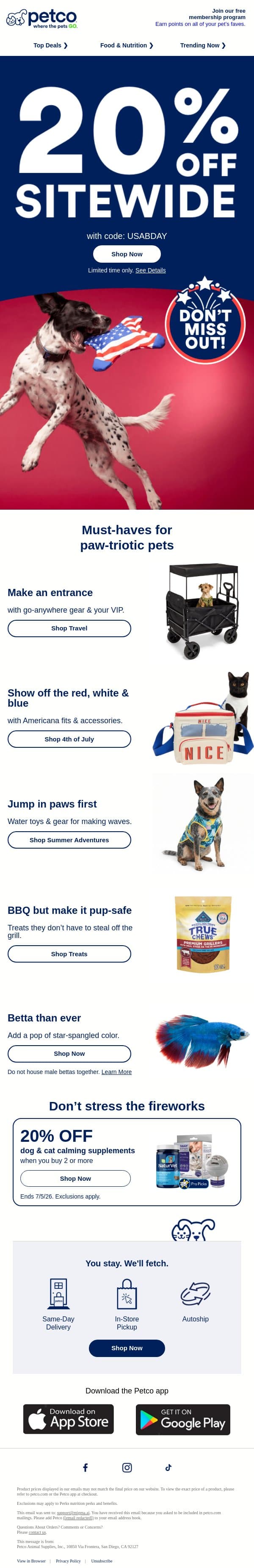 Stars, stripes + 20% OFF sitewide! 🐾 email from Petco screenshot