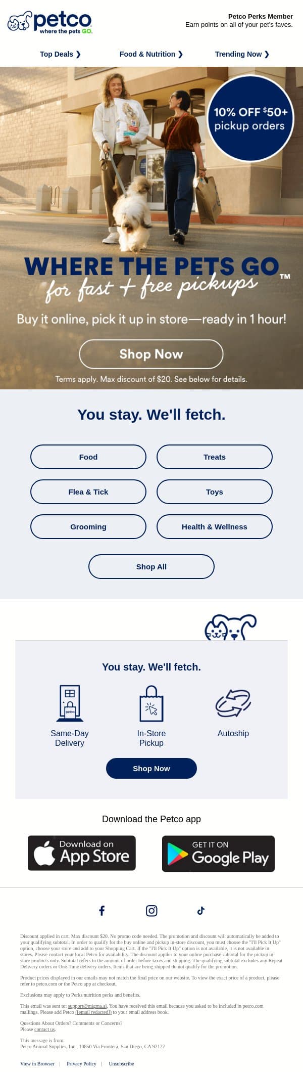 10% OFF is ready for pickup 🎉 email from Petco screenshot
