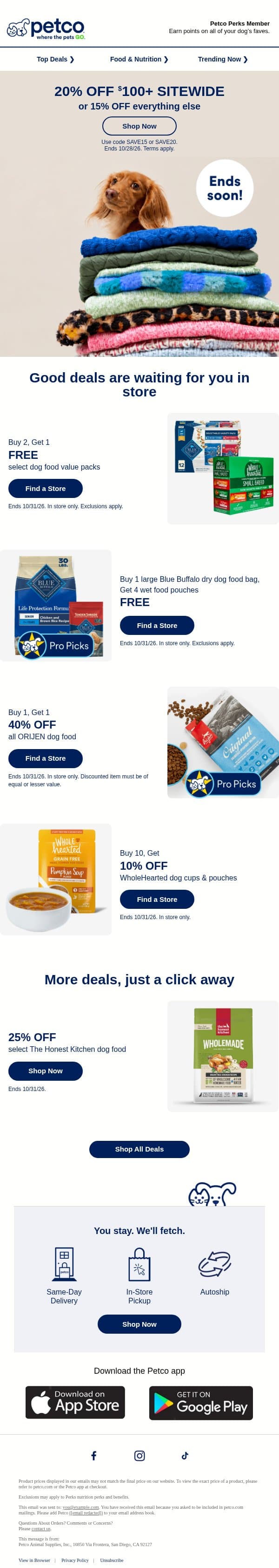 Hurry! 20% OFF $100+ sitewide is outta here >> email from Petco screenshot
