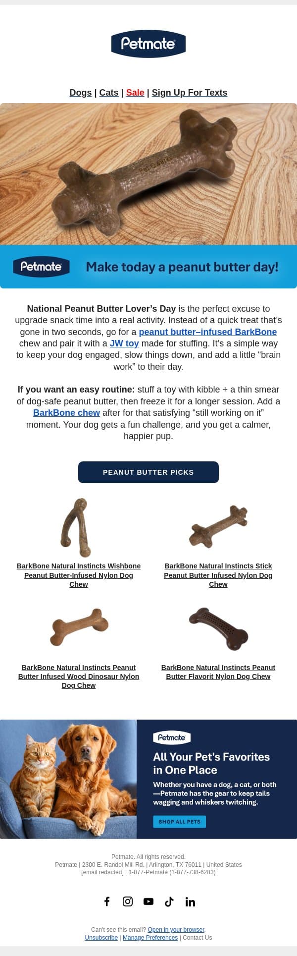 Treat Your Dog to Peanut Butter Lover’s Day email from Petmate screenshot