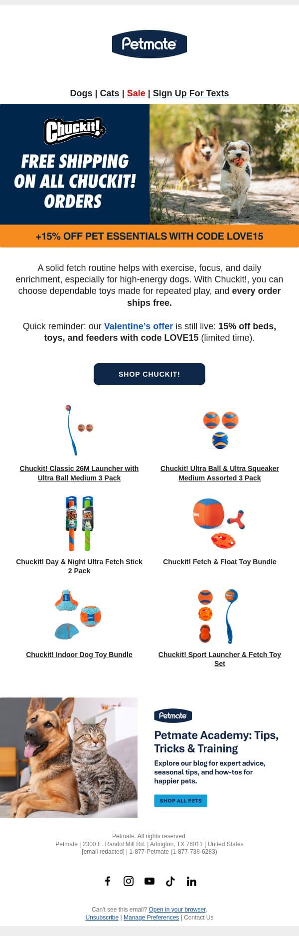 Free shipping on Chuckit! (plus 15% Off Pet Essentials) email from Petmate screenshot