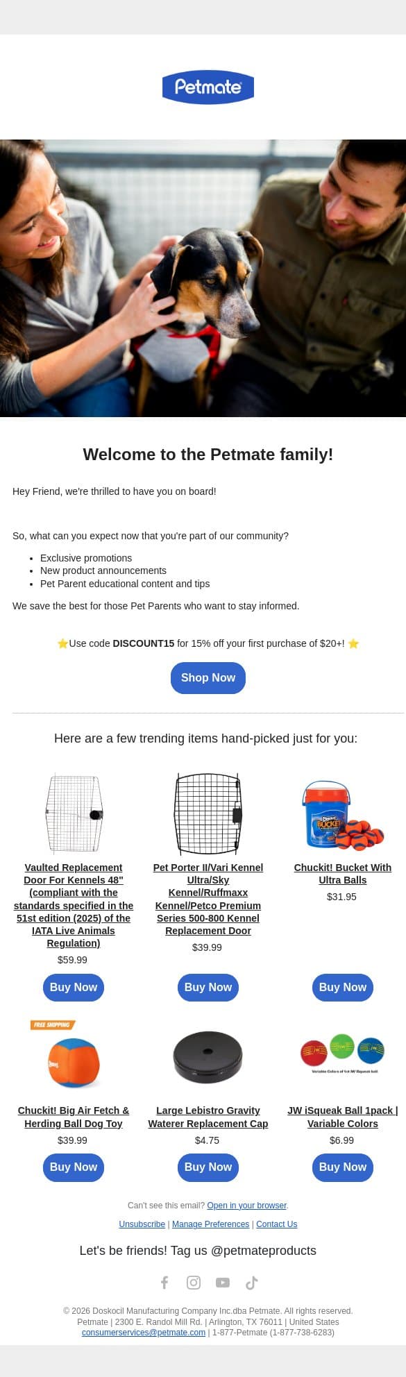 ⭐Welcome To The Family! Here's 15% off your first order. ⭐ email from Petmate screenshot