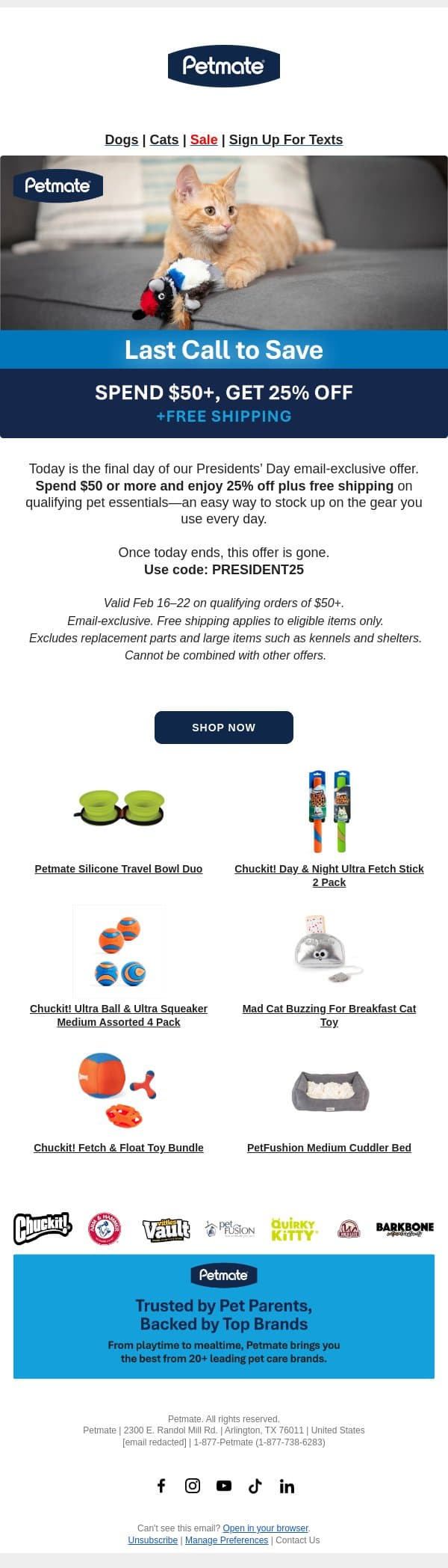 Last Day to Save 25% + Free Shipping email from Petmate screenshot