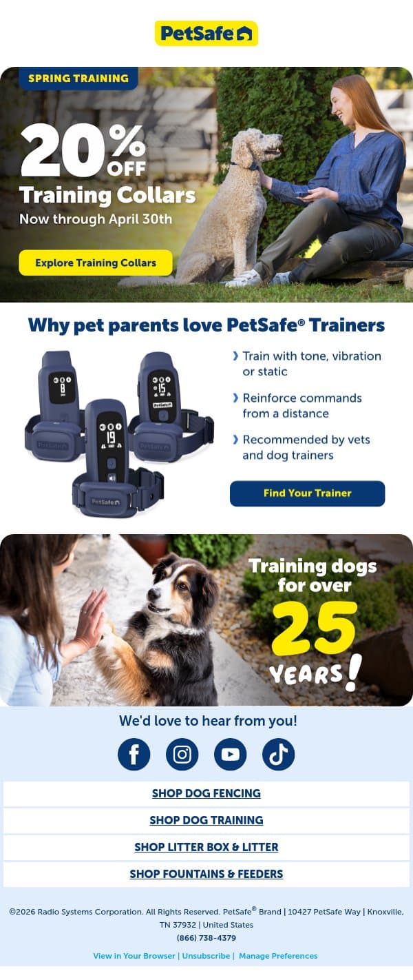Save 20% on Training Collars 🐶 email from PetSafe screenshot