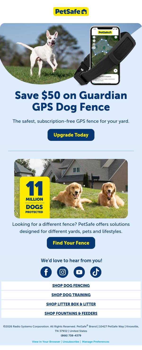 $50 OFF the Guardian GPS Dog Fence email from PetSafe screenshot
