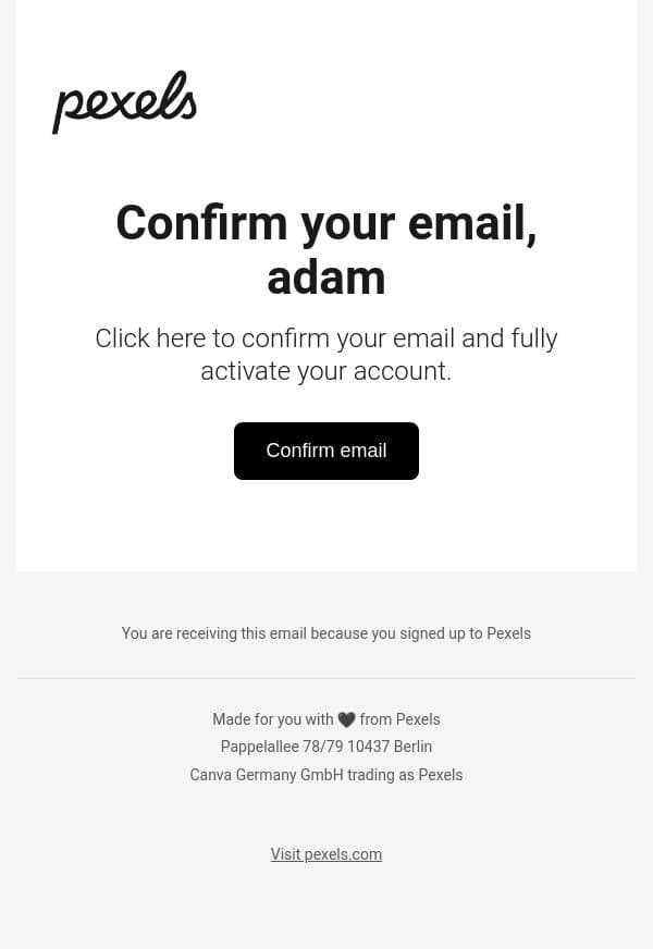 Confirm your email email from Pexels screenshot