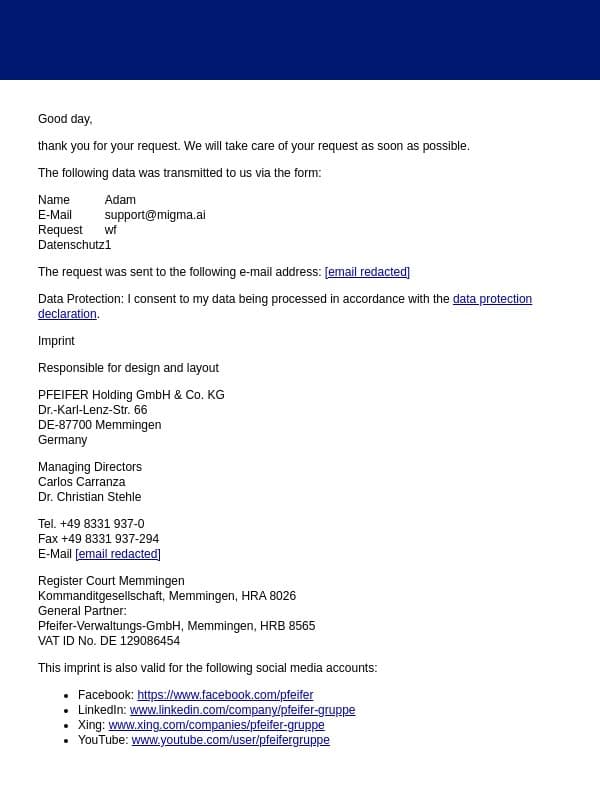 Your Press Request email from PFEIFER screenshot