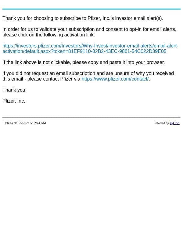 Pfizer, Inc. Website - Validate Account email from Pfizer screenshot