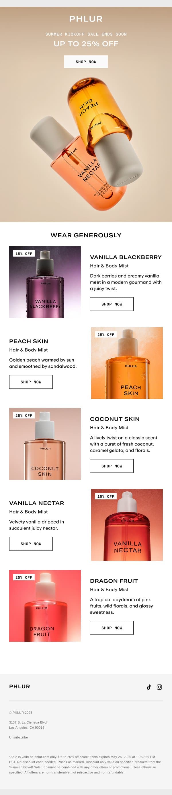 Up to 25% Off Select Body Mists email from Phlur screenshot