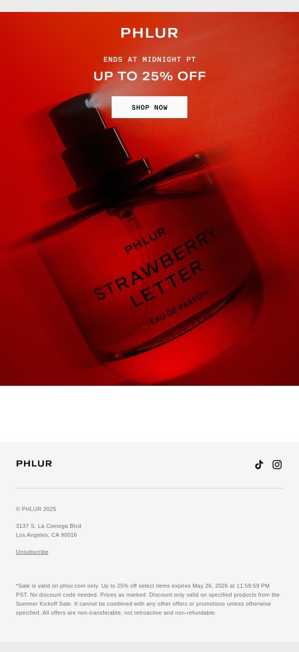 ENDS TONIGHT: Up To 25% Off email from Phlur screenshot